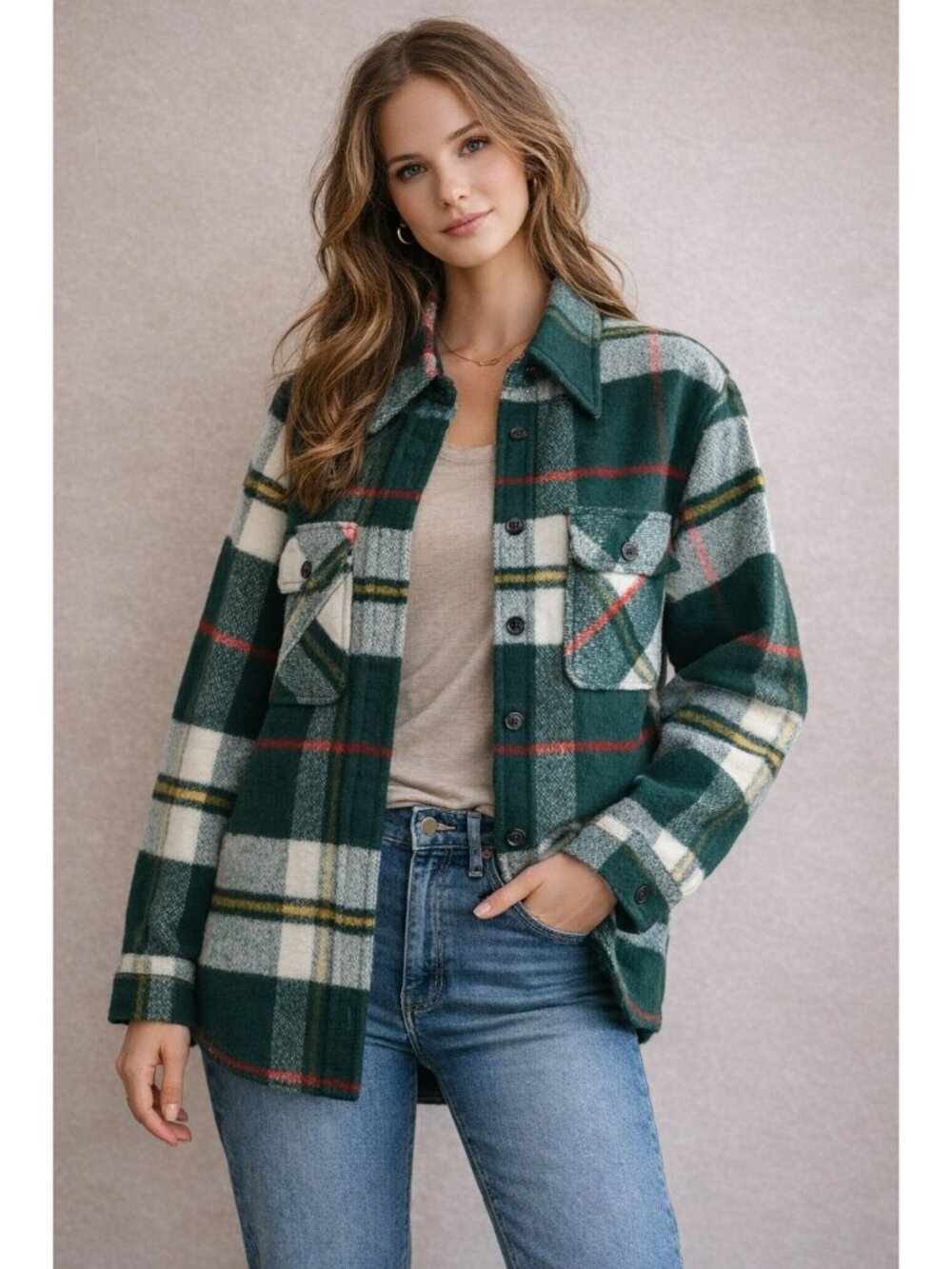 New Vintage JCPenney Green Plaid Wool-Blend Button-Up Shacket Jacket Medium